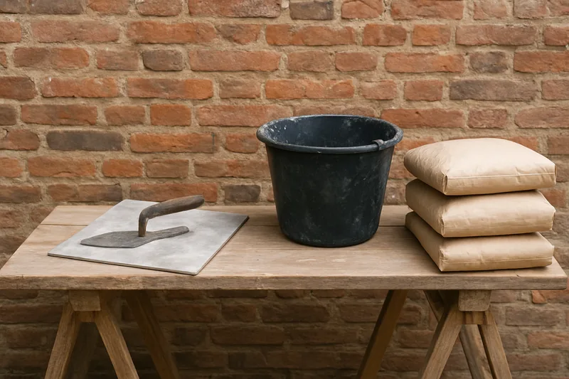 A steel trowel, a flat plastering board, a mixing bucket and bagged lime on a trestle against a bare brick wall — local heritage places, Launceston. Illustrative example.
