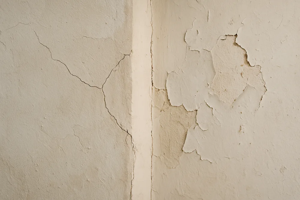A close view of a cracked plaster wall with flaking paint at a corner — heritage approvals for plastering, Launceston. Illustrative example.